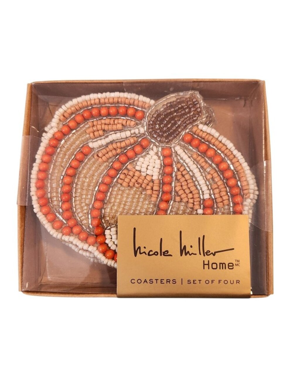 Nicole Miller Pumpkin Coasters Beaded Set of 4 Satin Backed Orange Autumn